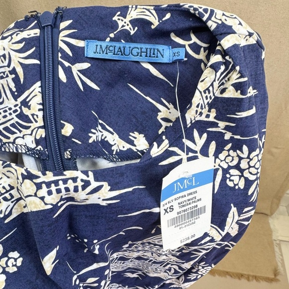 J.McLaughlin Sophia Dress Womens Blue White Tongsai Palms Print 3/4 Sleeve - Picture 7 of 10
